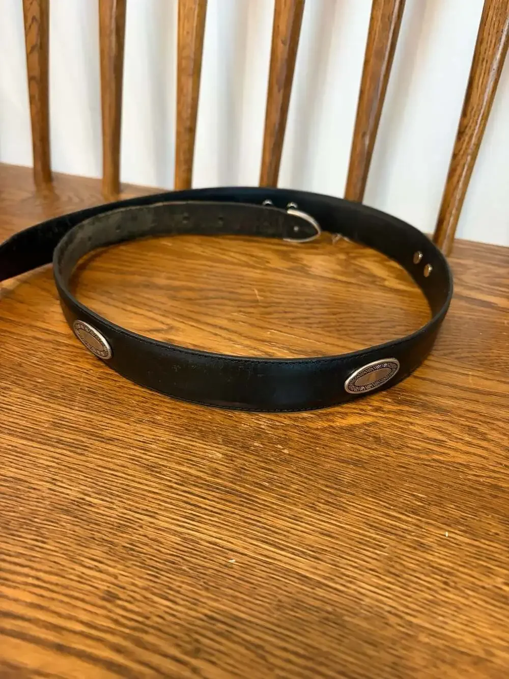Vintage Black Leather Belt with Silver Tone Concho Medallions and Etched Buckle